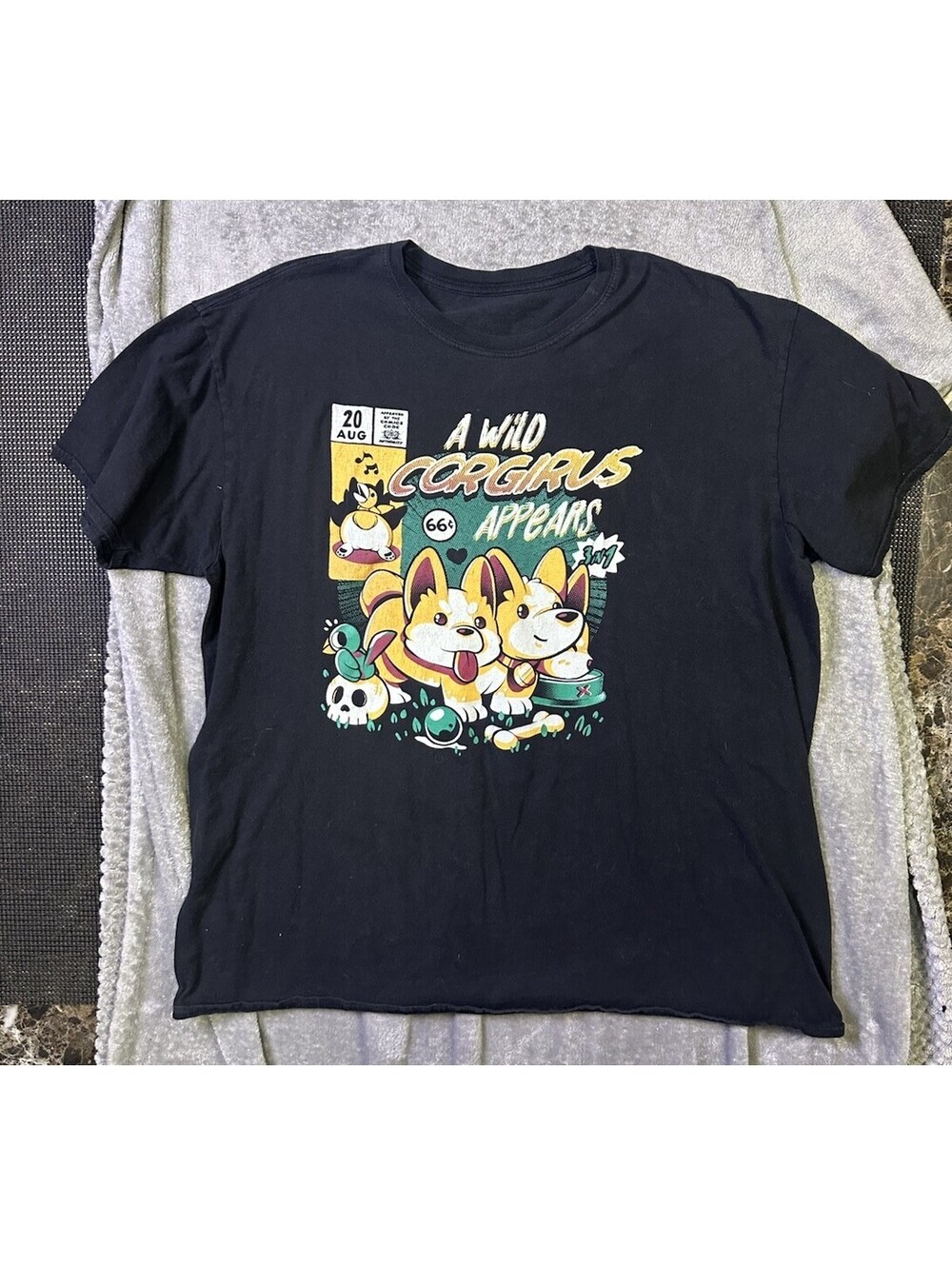 Corgi Dogs Graphic T Shirt Black Comic Book Style Kawaii Cartoon Puppy Tee